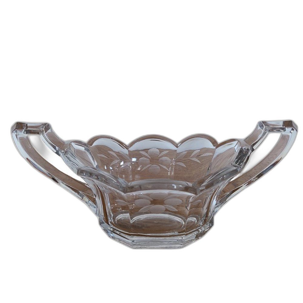 Vintage Art Deco Pressed Glass Sugar Bowl Circa 1920 With Etched Floral Details